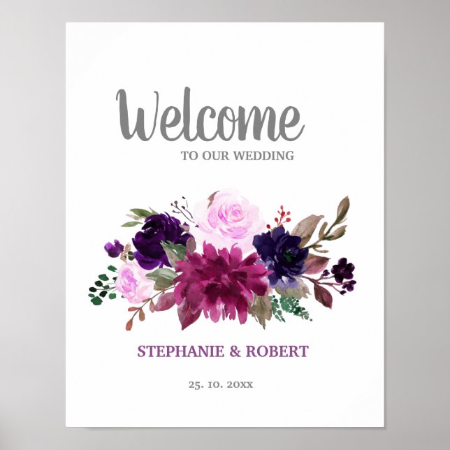 Póster Poster de bienvenida Boda Floral Boho morado de La (Frente)
