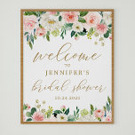 Póster Poster de bienvenida con ducha de novias con flore<br><div class="desc">Poster de bienvenida con ducha de novias con flores doradas y rosas</div>