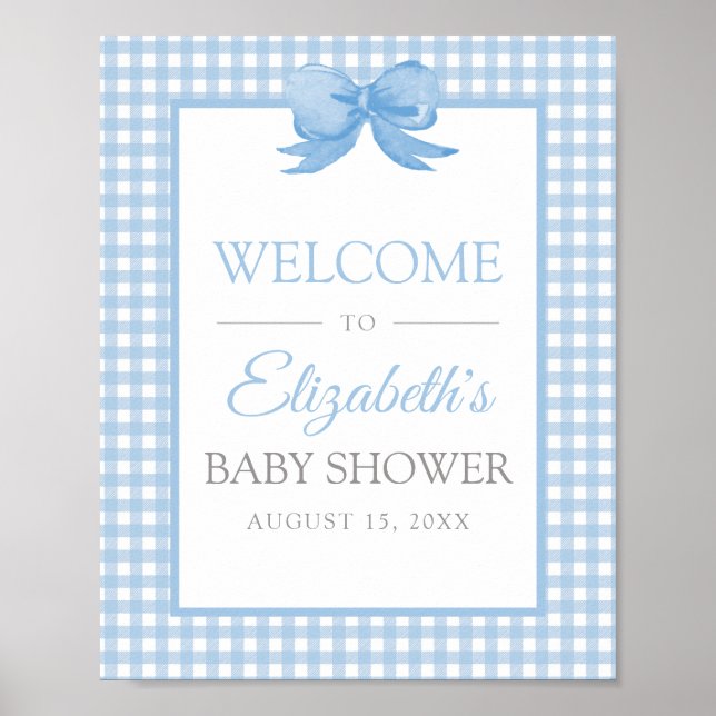 Póster Poster de bienvenida de Baby Shower de Blue Gingha (Frente)