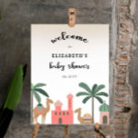Póster Poster De Bienvenida De Baby Shower Del Desierto D<br><div class="desc">Bienvenido a su misión con este único y muy especial signo de bienvenida de ducha de bebé,  tema del desierto. El diseño presenta un bonito camello entre oasis y palmeras. Su paleta pastel combina a la perfección con el tema. Explora más artículos que coincidan en mi tienda.</div>