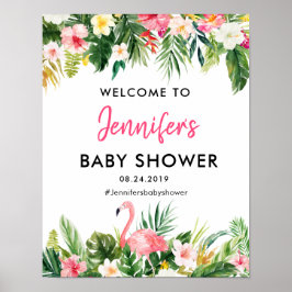 Póster Poster de bienvenida de Baby Shower Flamingo Tropi
