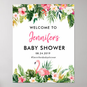 Póster Poster de bienvenida de Baby Shower Flamingo Tropi