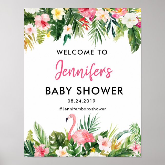 Póster Poster de bienvenida de Baby Shower Flamingo Tropi (Frente)