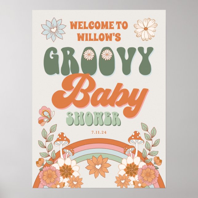Póster Poster de bienvenida de Baby Shower Groovy Rainbow (Frente)
