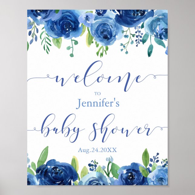 Póster Poster de bienvenida de Baby Shower Rustic Blue Fl (Frente)