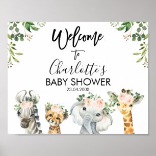 Póster Poster de bienvenida de Baby Shower Safari Pink Fl