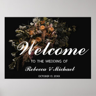 Póster Poster de bienvenida de Boda floral vintage oscuro