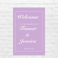 Poster de bienvenida de Boda moderno morado y blan