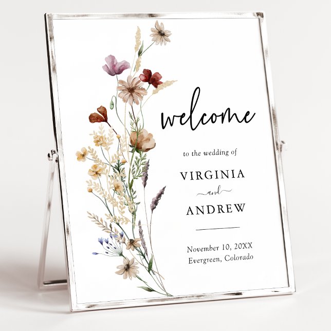 Póster Poster de Bienvenida de Flores Silvestres (Elegant Boho White Wildflower Welcome Wedding Poster by Painted Paperie
)