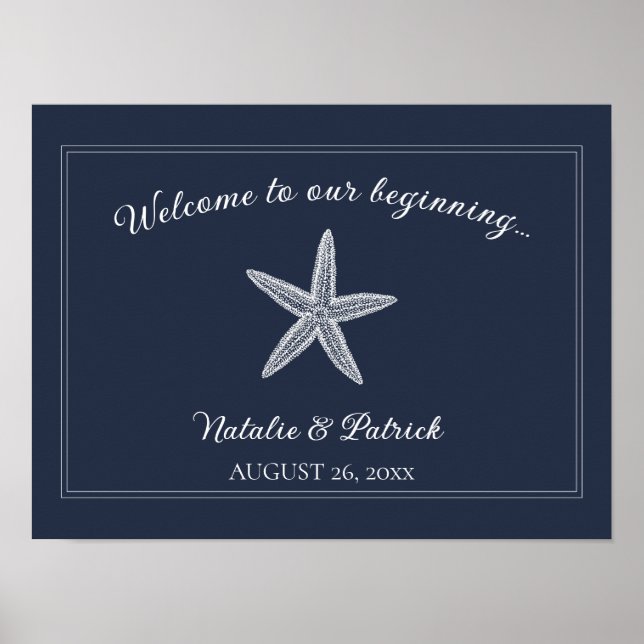 Póster Poster de bienvenida de la Boda Navy Starfish (Frente)