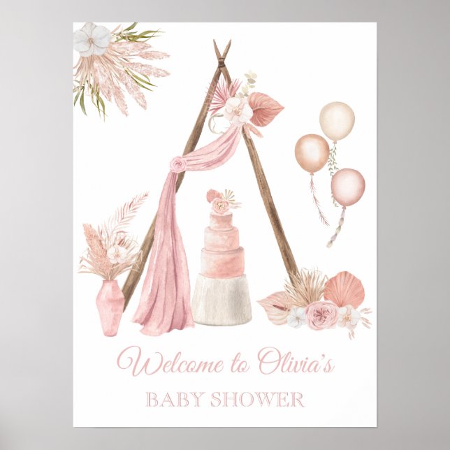 Póster Poster de bienvenida de moda Boho Pink Floral Baby (Frente)