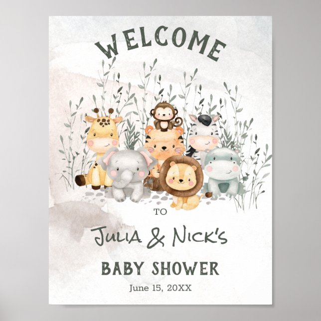 Póster Poster de bienvenida de Safari Animals Baby Shower (Frente)