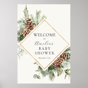 Póster Poster de bienvenida de Winter Baby Shower Evergre