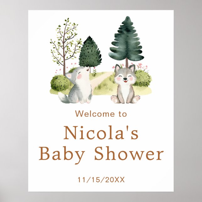Póster Poster de bienvenida de Woodland Wolf Baby Shower (Frente)