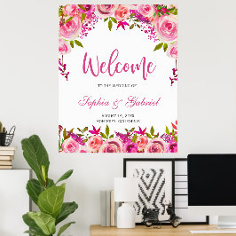 Póster Poster de bienvenida del Boda floral rosa Fuchsia