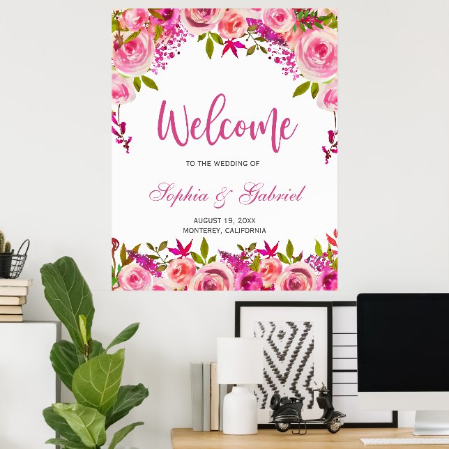 Póster Poster de bienvenida del Boda floral rosa Fuchsia (Oficina en casa)