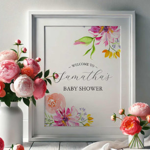 Póster Poster de bienvenida naranja Floral Baby Shower