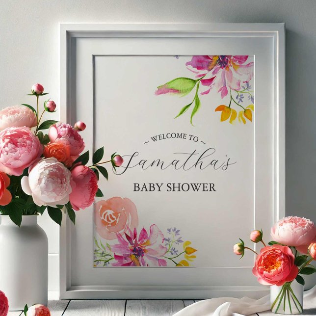 Póster Poster de bienvenida naranja Floral Baby Shower (Baby in Bloom baby shower themes features welcome sign watercolor flowers in pink)