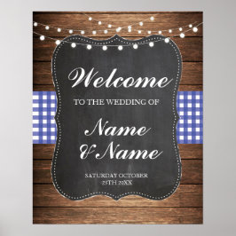 Póster Poster de bienvenida Rótulo Blue Check Boda Wood P