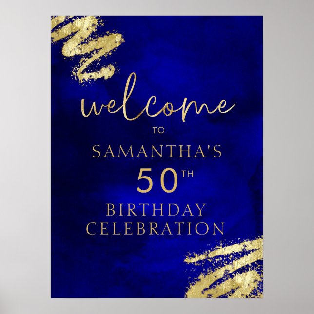 Póster Poster de bienvenida Royal Blue and Gold Birthday  (Frente)