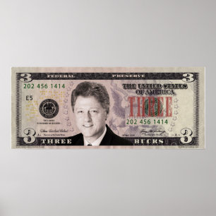 Póster Poster de Bill Clinton $3 Bill