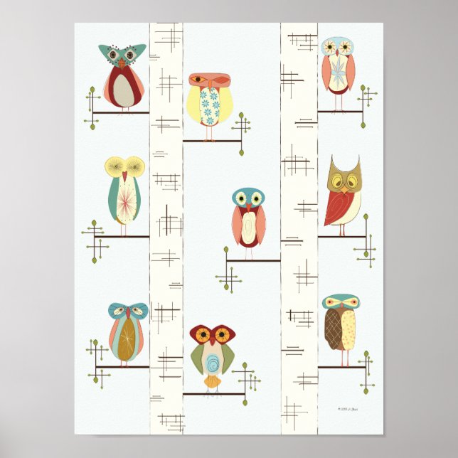 Póster Poster de Birch Trees y Lechuzas Modernas de Medio (Frente)