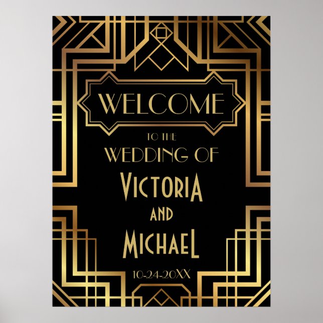 Póster Poster de Boda negro y oro Art Deco (Frente)