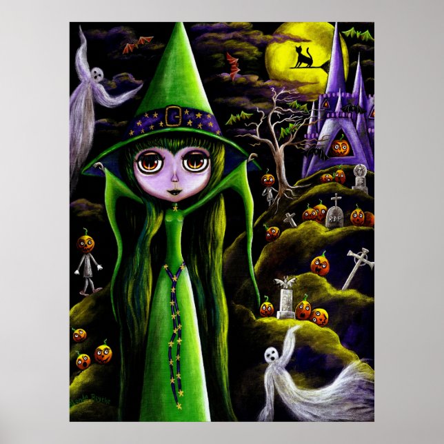 Póster Poster de brujas de Halloween verde (Frente)