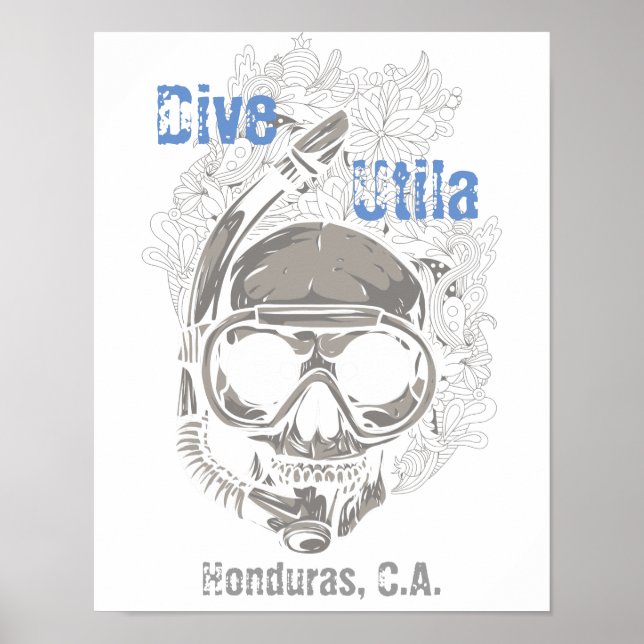 Póster Poster de buceo de cráneo de buceo de Utila Hondur (Frente)