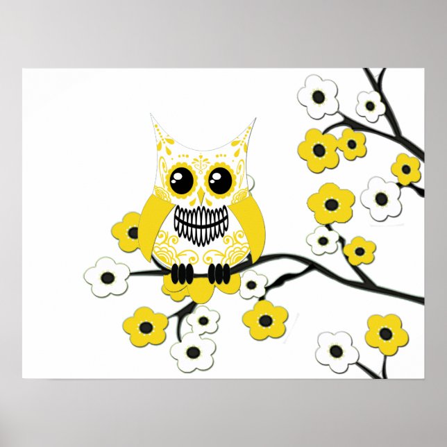 Póster Poster de Búho de Cerezo Blanco Amarillo (Frente)