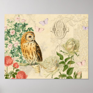 Póster Poster de búho floral vintage con hermosos rosas
