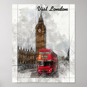 Póster Poster de bus rojo y gran bén de Londres