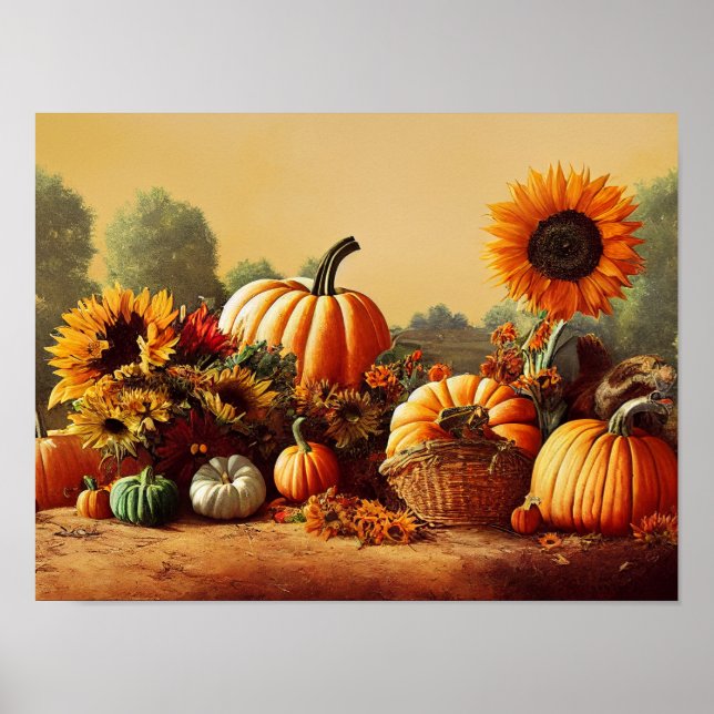 Póster Poster de calabazas y girasoles de otoño (Frente)