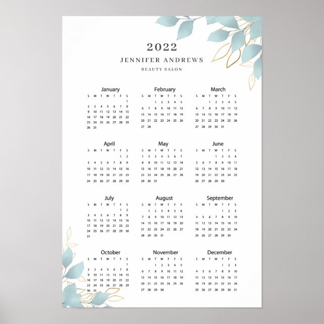 Póster Poster de Calender 2022 de Leafy verde blanco mode (Frente)
