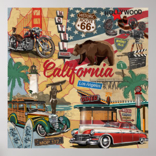 Póster Poster de California de época con atracciones turí