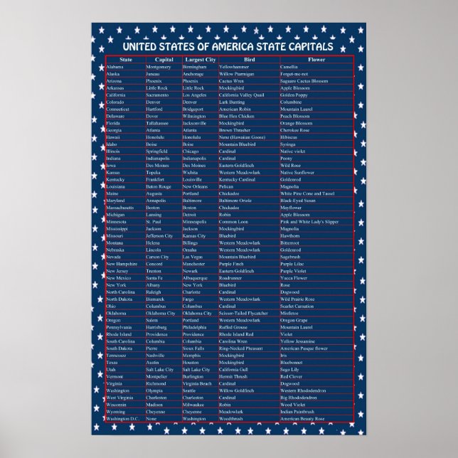 Póster Poster de Capitales de los Estados Unidos (Frente)