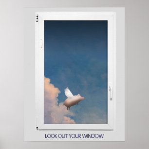 Póster poster de cerdo volante a través de ventana