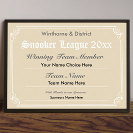 Póster Poster de certificados de competencia de Snooker