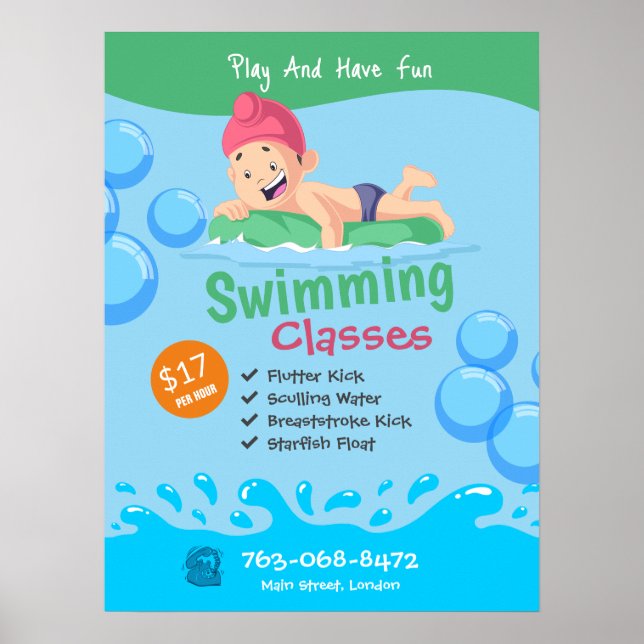 Póster Poster de clases de natación para niños (Frente)