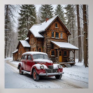 Póster Poster de coches antigüos de invierno