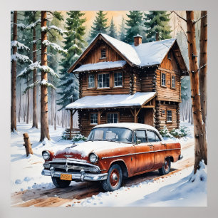 Póster Poster de coches antigüos de invierno