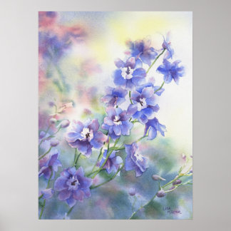 Póster Poster de color de las flores de delfinio azul mor