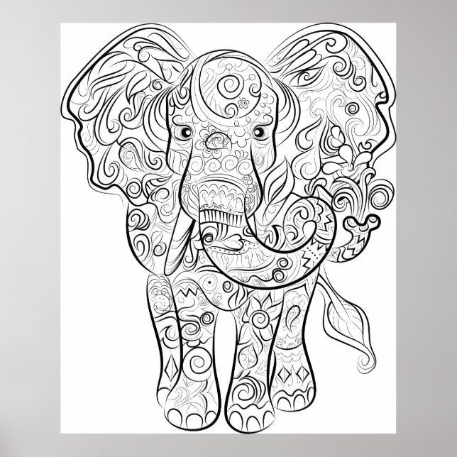 Póster Poster de colorantes adultos para dibujar elefante (Frente)