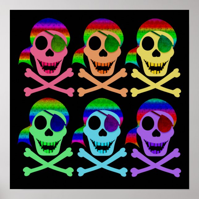 Póster Poster de cráneos piratas del arcoiris (Frente)