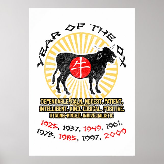 Póster Poster de cualidades Ox Imprimir año (Frente)