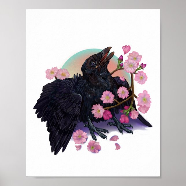 Póster Poster de cuervo humedecido con flores de manzana (Frente)