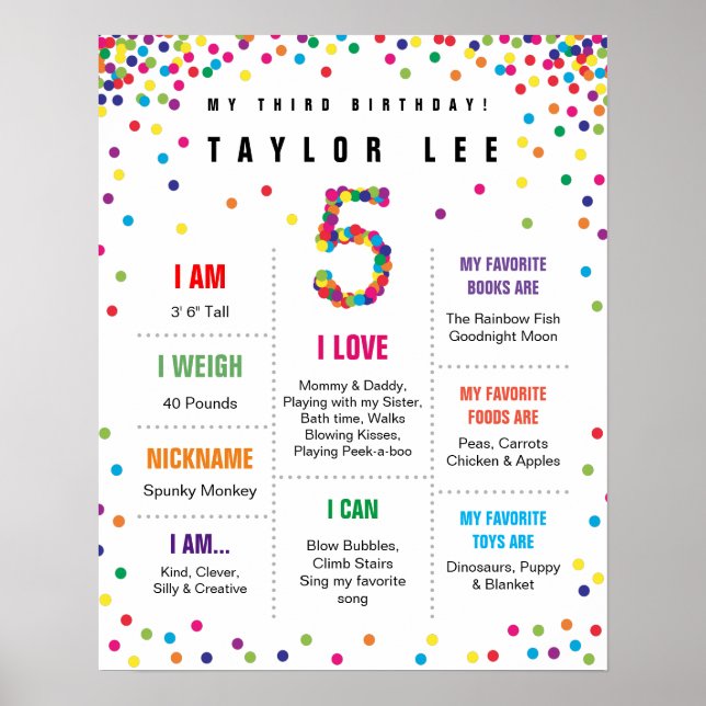 Póster Poster de cumpleaños 5 Rainbow Confetti (Frente)