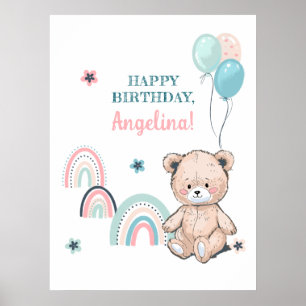 Póster Poster de cumpleaños con un oso de peluche lindo.