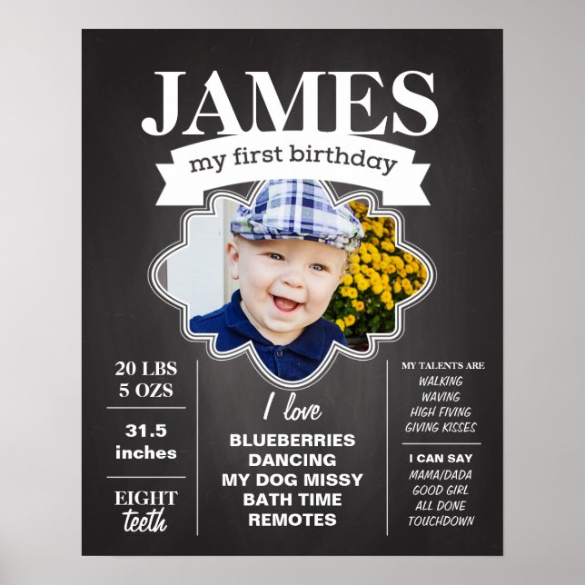 Póster Poster de cumpleaños de Chalkboard con foto (Frente)