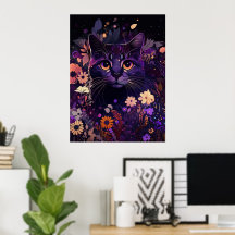 Poster de cumpleaños de gato morado floral